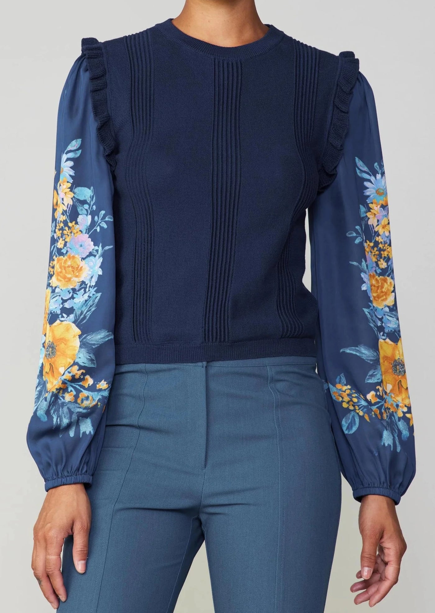 The Pink Door Floral Print Sleeve Sweater - Navy