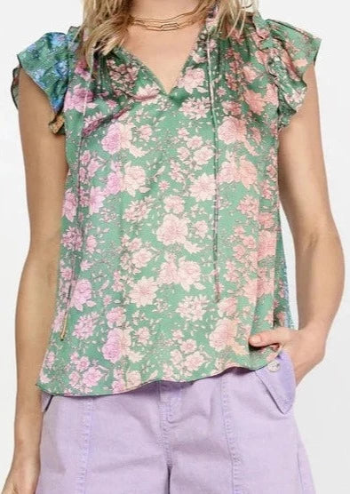 The Pink Door Floral Print Ruffle Top - Green