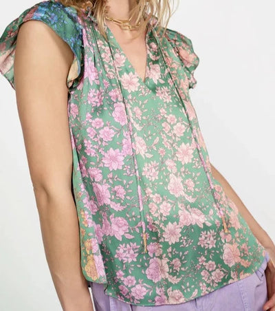 The Pink Door Floral Print Ruffle Top - Green