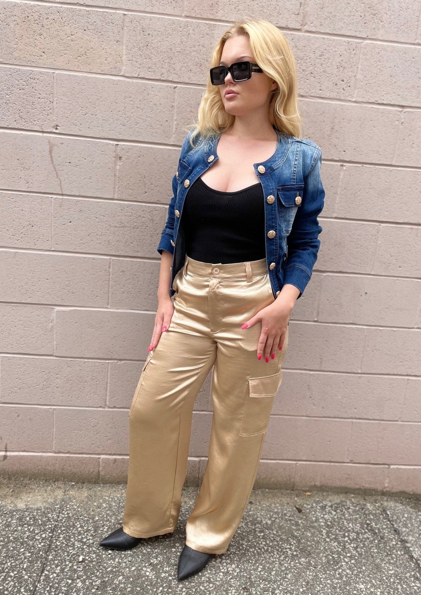 The Pink Door Silky Trousers w/ Cargo Pockets - Gold