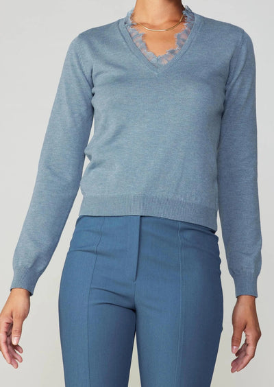 The Pink Door Lace Collar V-neck Sweater - Dusty Blue