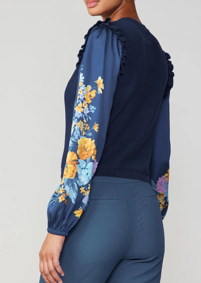 The Pink Door Floral Print Sleeve Sweater - Navy