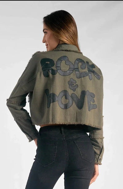 Elan “Rock & Love” Distressed Cropped Jacket - Olive