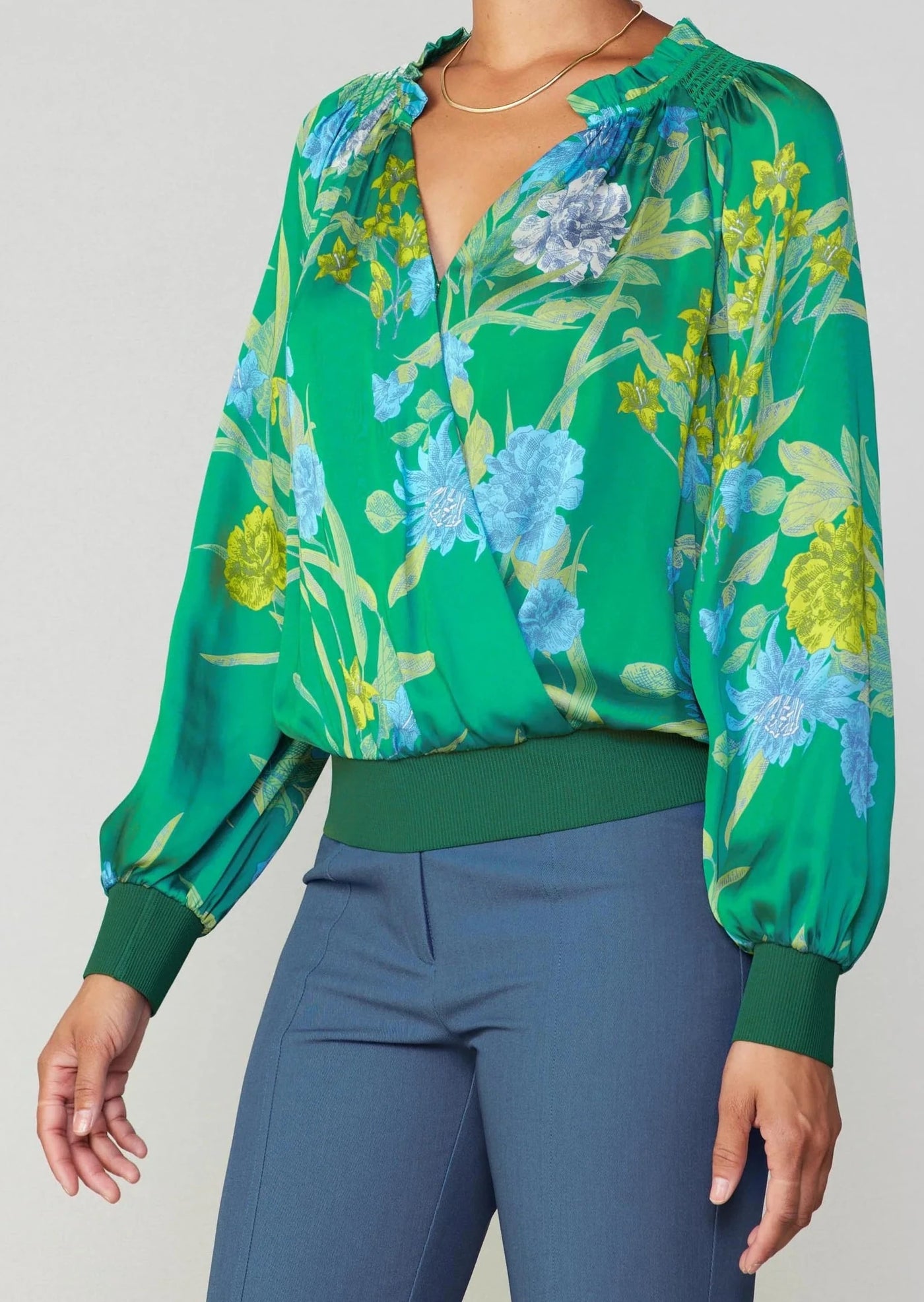 The Pink Door Floral Print Surplice Blouse - Green