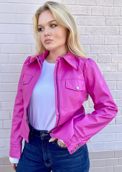 Faux Leather Jacket - Hot Pink