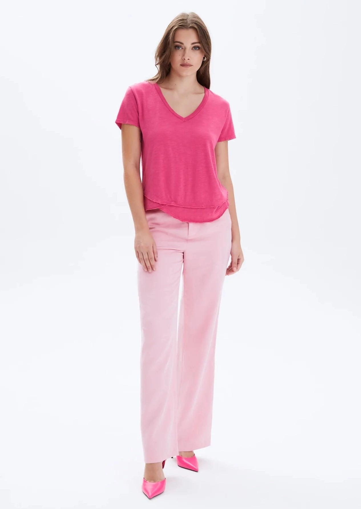 CHRLDR Ava V-Neck Mock Layer T-shirt - Strawberry Pink