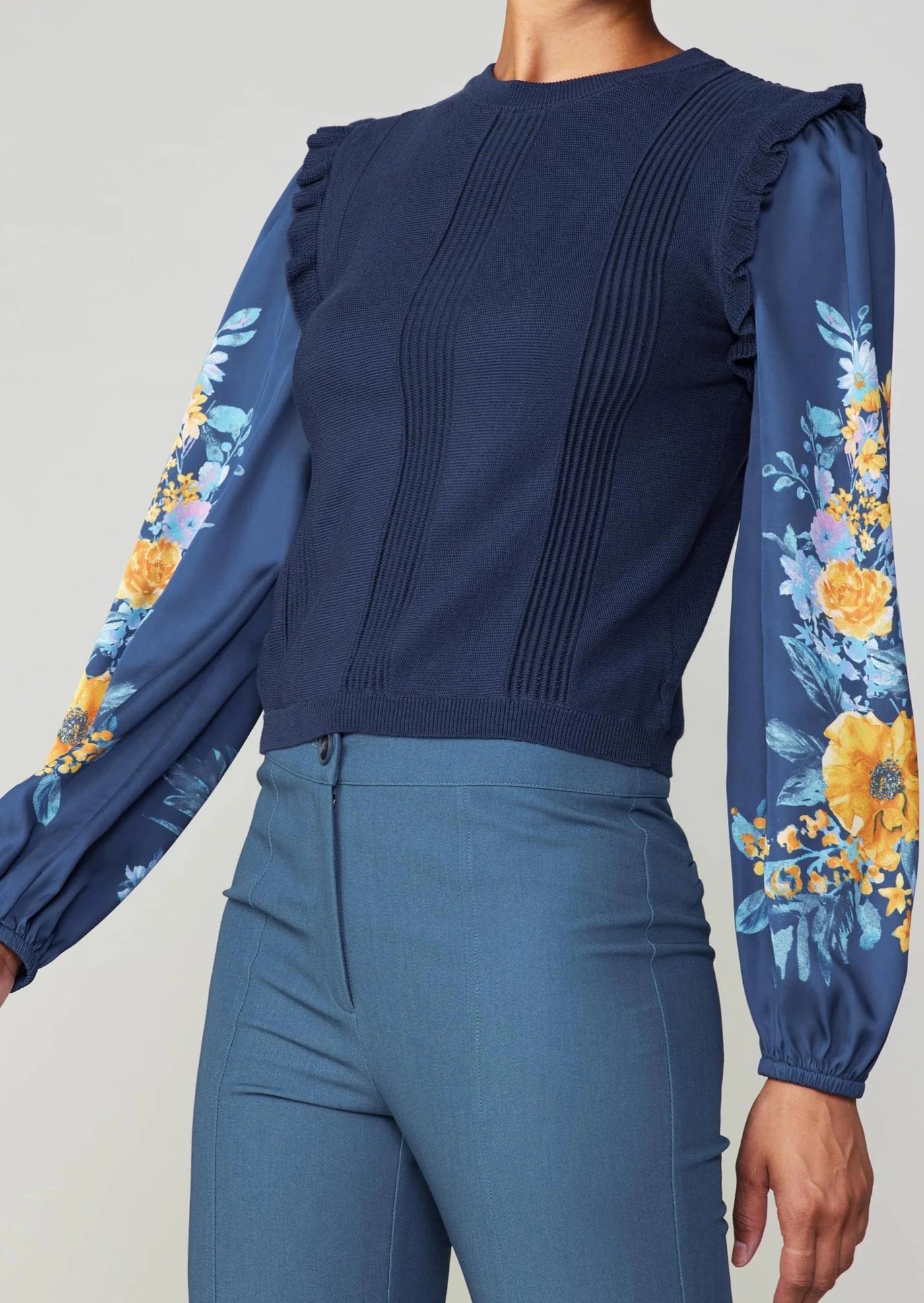 The Pink Door Floral Print Sleeve Sweater - Navy