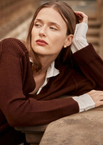 Brochu Walker V-Neck Layered Pullover Cordovan w/ White