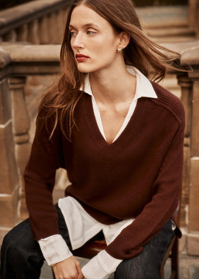 Brochu Walker V-Neck Layered Pullover Cordovan w/ White