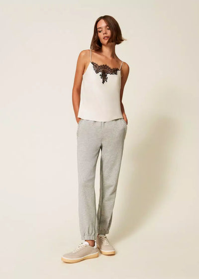 Twinset Plush Trousers w/ Rhinestones & Pearls Grey