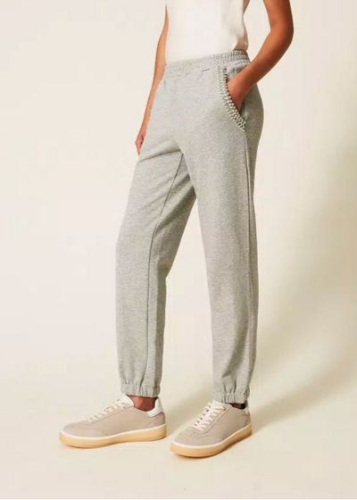 Twinset Plush Trousers w/ Rhinestones & Pearls Grey