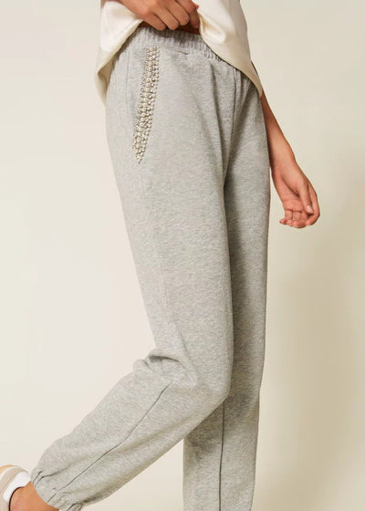 Twinset Plush Trousers w/ Rhinestones & Pearls Grey