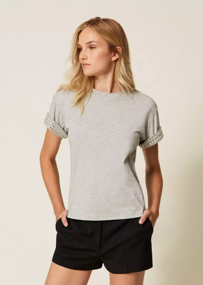 Twinset Jersey T-Shirt w/ Rhinestones & Pearls Grey