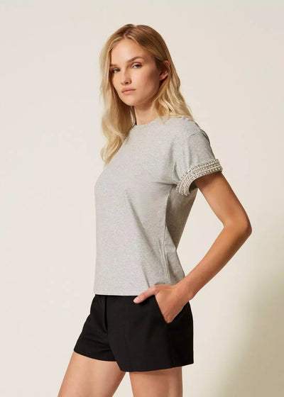 Twinset Jersey T-Shirt w/ Rhinestones & Pearls Grey