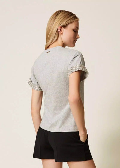 Twinset Jersey T-Shirt w/ Rhinestones & Pearls Grey