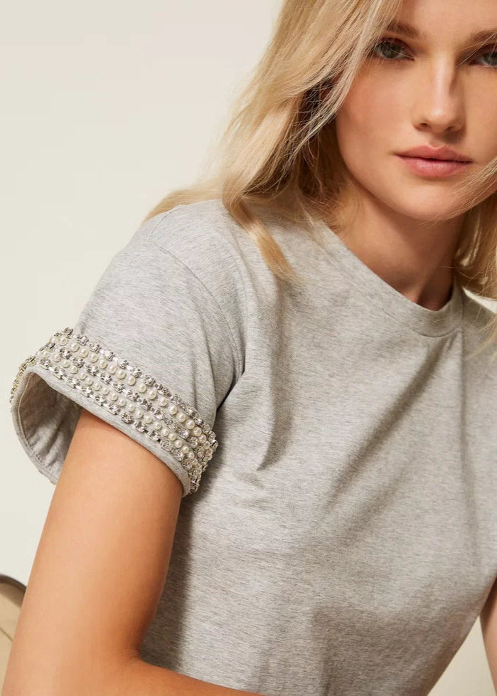 Twinset Jersey T-Shirt w/ Rhinestones & Pearls Grey