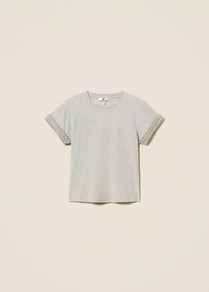 Twinset Jersey T-Shirt w/ Rhinestones & Pearls Grey
