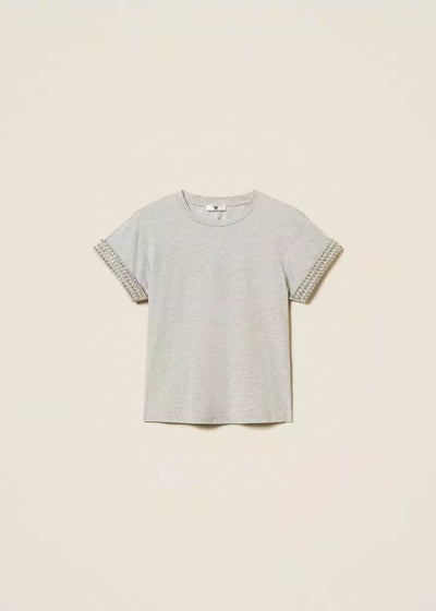 Twinset Jersey T-Shirt w/ Rhinestones & Pearls Grey
