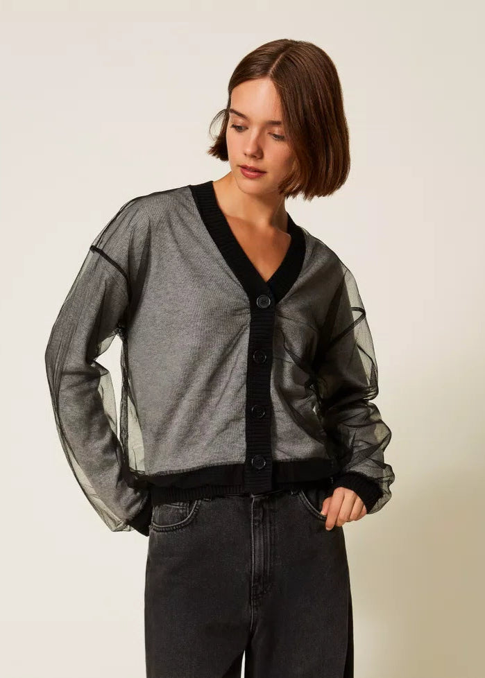 Twinset Knit Cardigan W/ Tulle Black