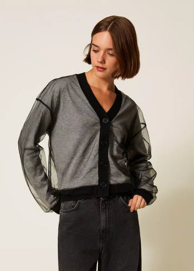 Twinset Knit Cardigan W/ Tulle Black