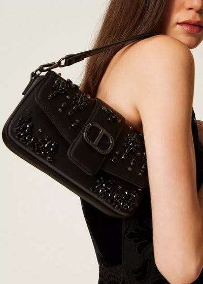 Twinset Amie Satin Shoulder Bag w/ Rhinestones