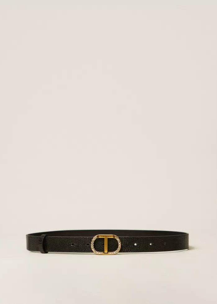 Twinset Leather Belt w/ Oval T Rhinestones Black
