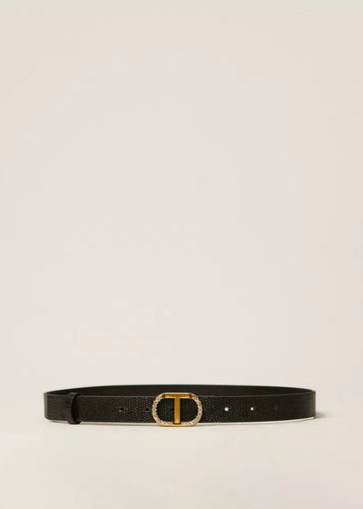 Twinset Leather Belt w/ Oval T Rhinestones Black