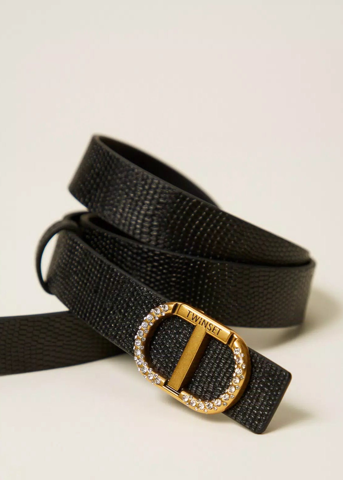 Twinset Leather Belt w/ Oval T Rhinestones Black