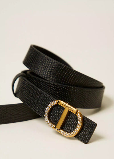 Twinset Leather Belt w/ Oval T Rhinestones Black