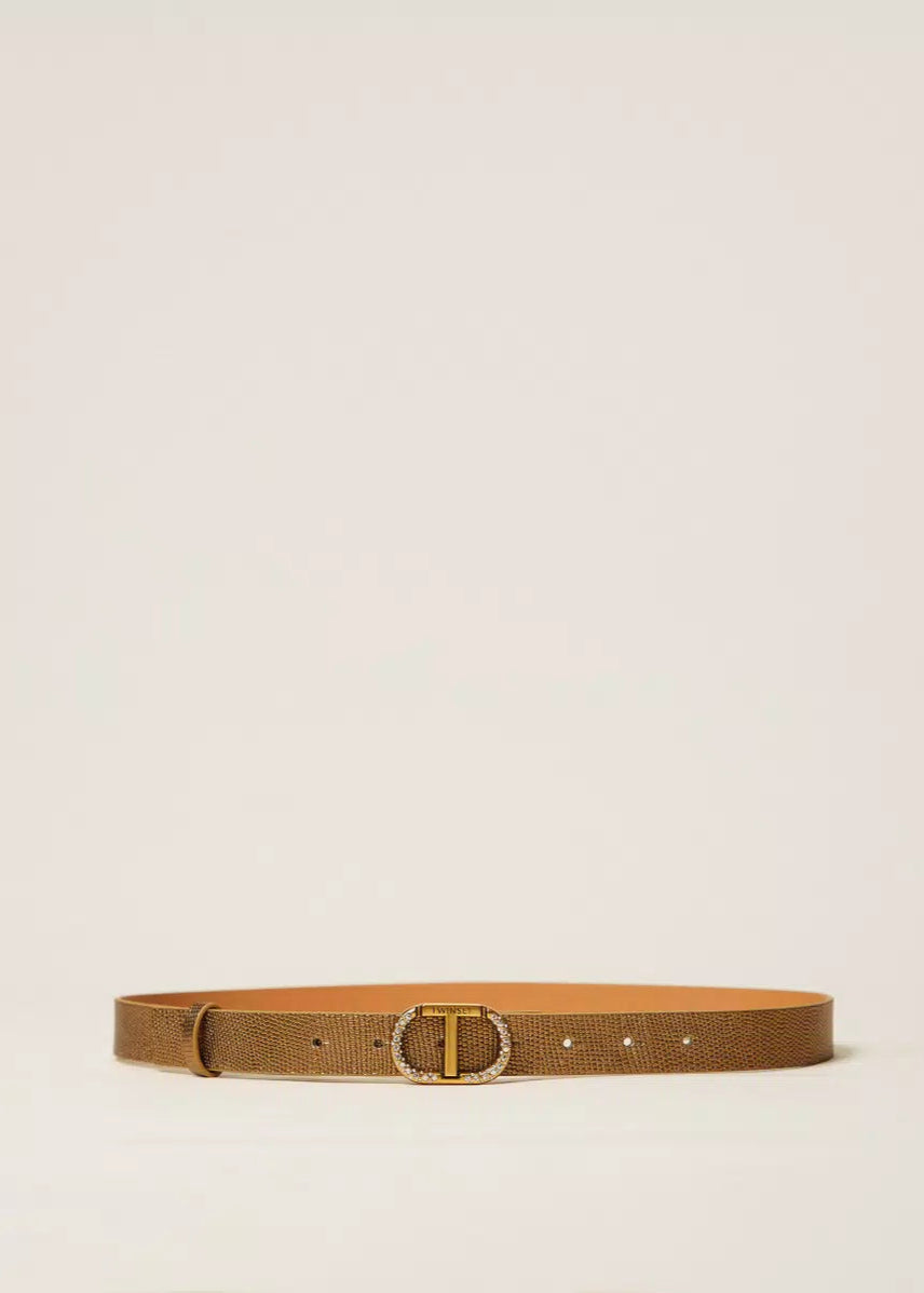 Twinset Leather Belt w/ Oval T Rhinestones Tan