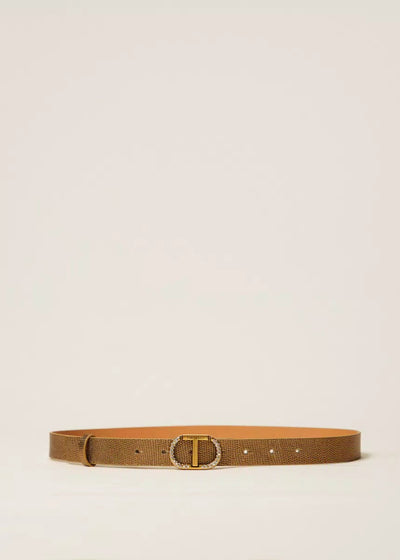 Twinset Leather Belt w/ Oval T Rhinestones Tan