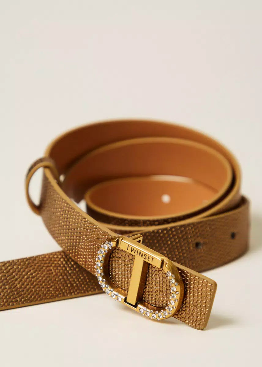 Twinset Leather Belt w/ Oval T Rhinestones Tan