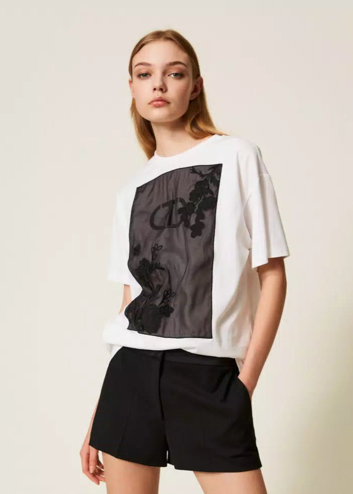 Twinset Oversized T-Shirt w/Floral Embroidery White