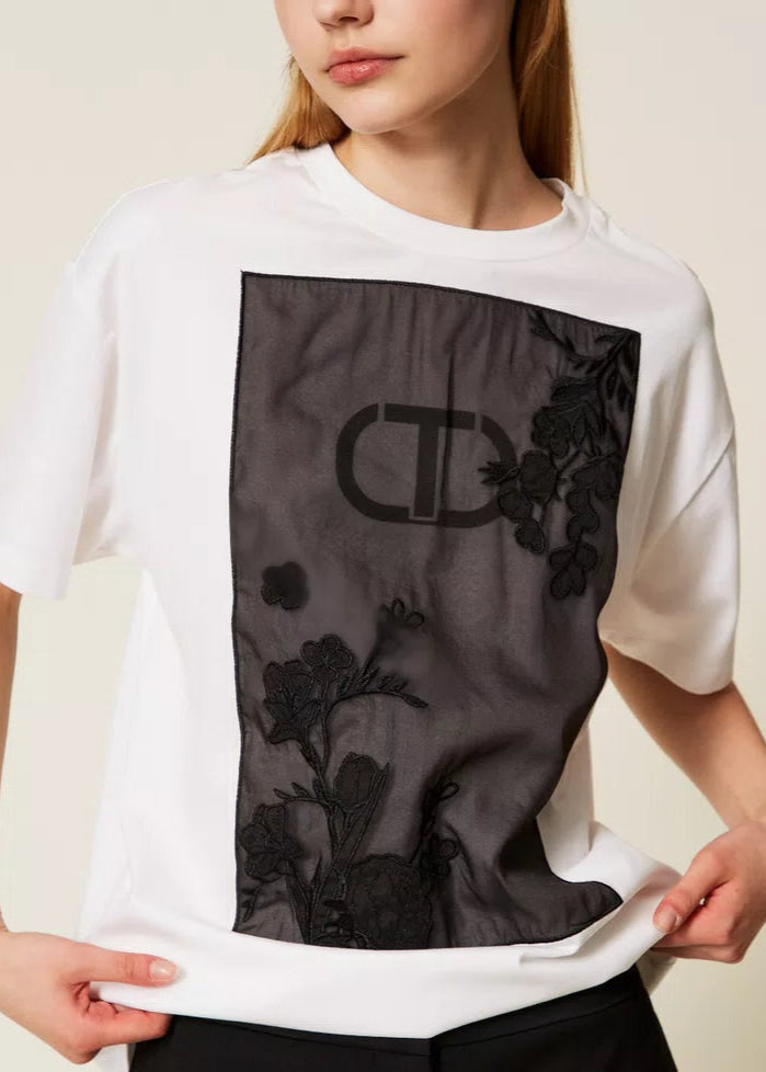 Twinset Oversized T-Shirt w/Floral Embroidery White