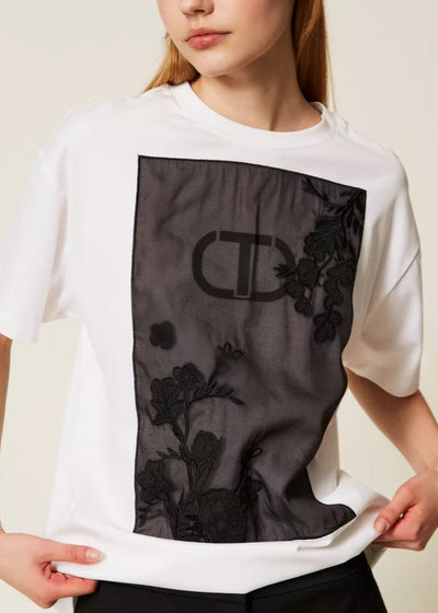 Twinset Oversized T-Shirt w/Floral Embroidery White