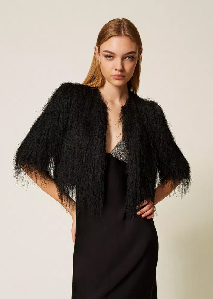 Twinset Crop Jacket w/ Fringes Black