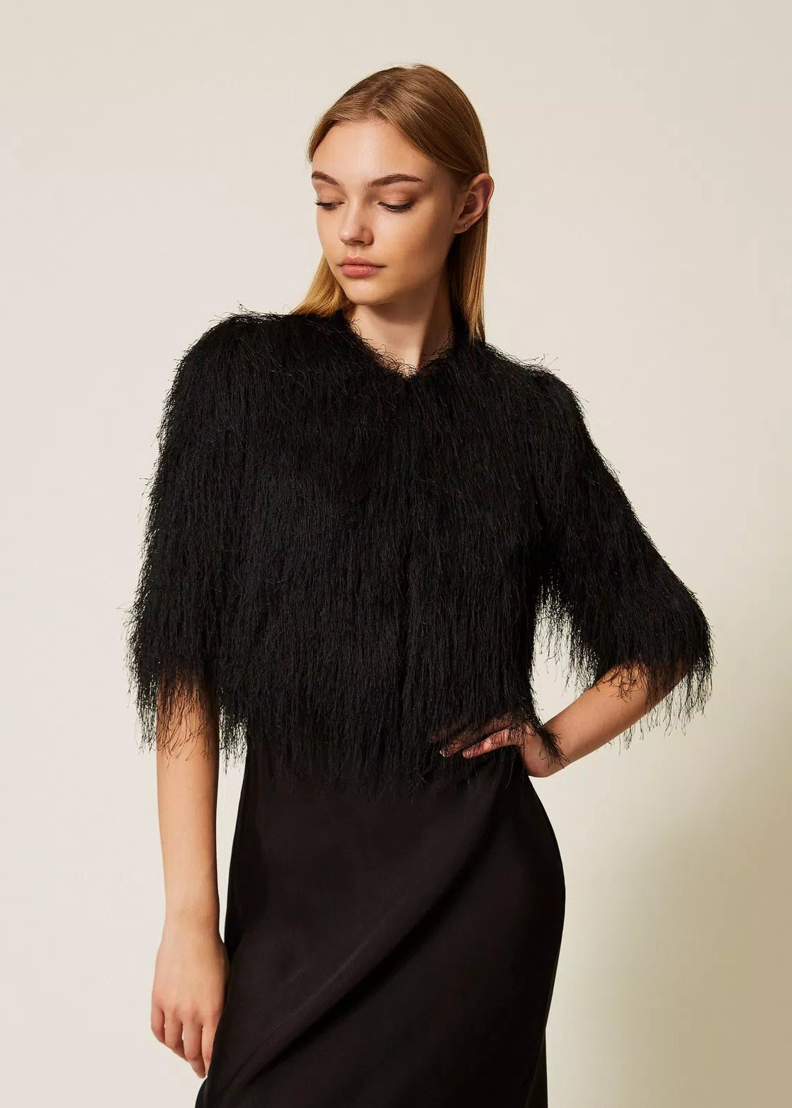 Twinset Crop Jacket w/ Fringes Black
