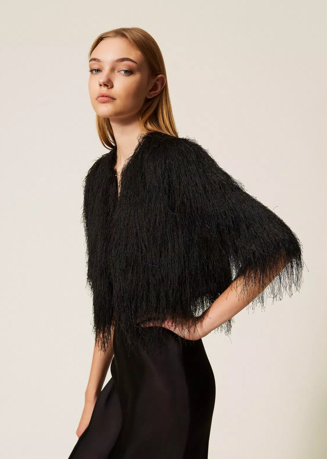 Twinset Crop Jacket w/ Fringes Black