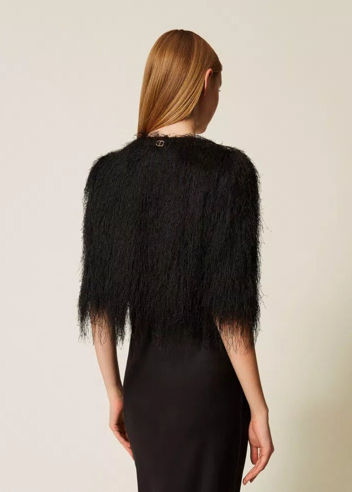 Twinset Crop Jacket w/ Fringes Black