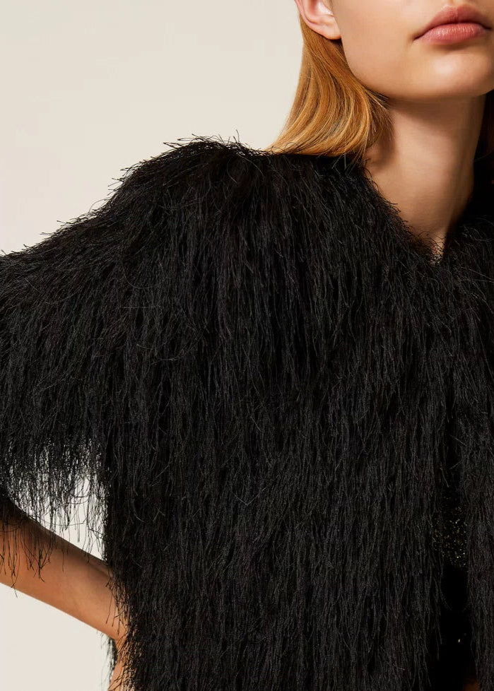 Twinset Crop Jacket w/ Fringes Black