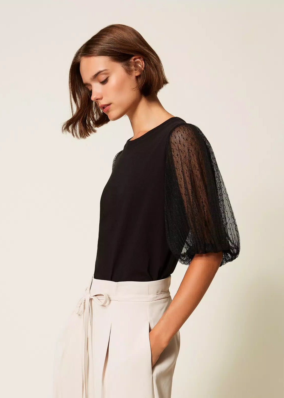 Twinset T-Shirt w/ Tulle Sleeves