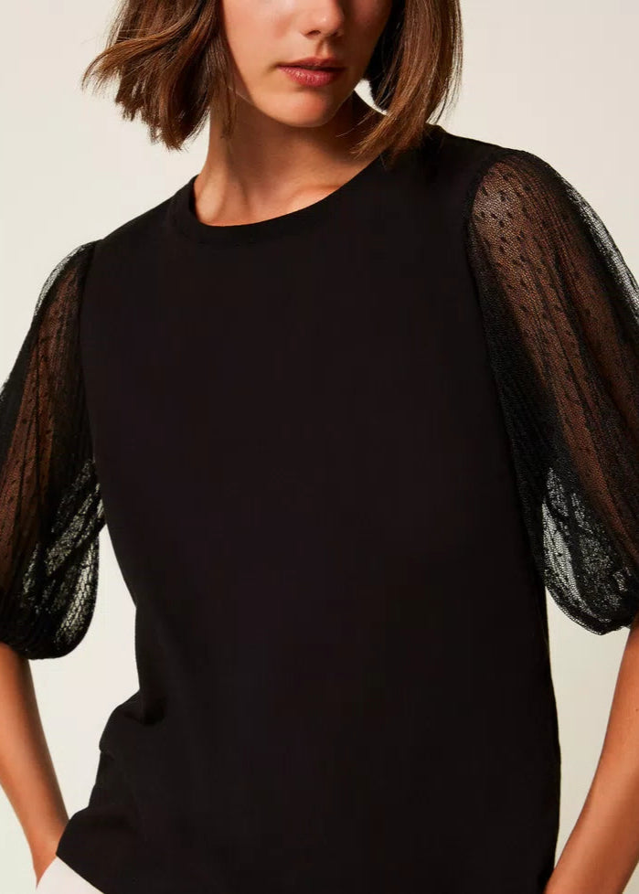 Twinset T-Shirt w/ Tulle Sleeves