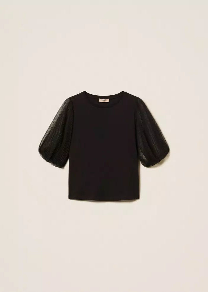Twinset T-Shirt w/ Tulle Sleeves