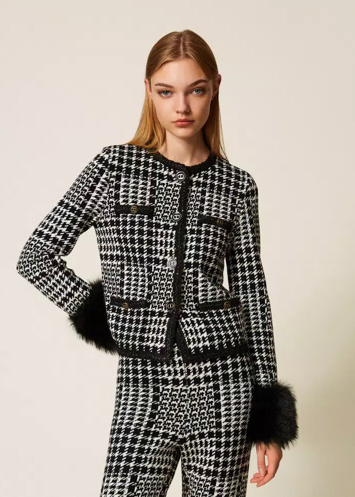 Twinset Chequered Knit Jacket with Faux Fur