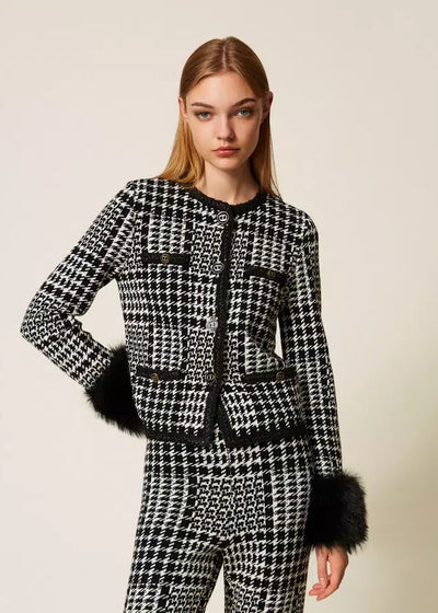 Twinset Chequered Knit Jacket with Faux Fur