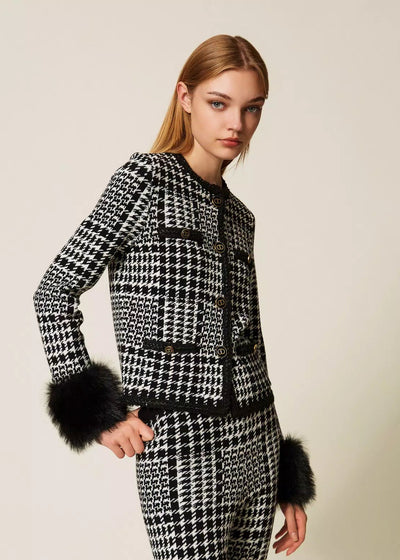 Twinset Chequered Knit Jacket with Faux Fur