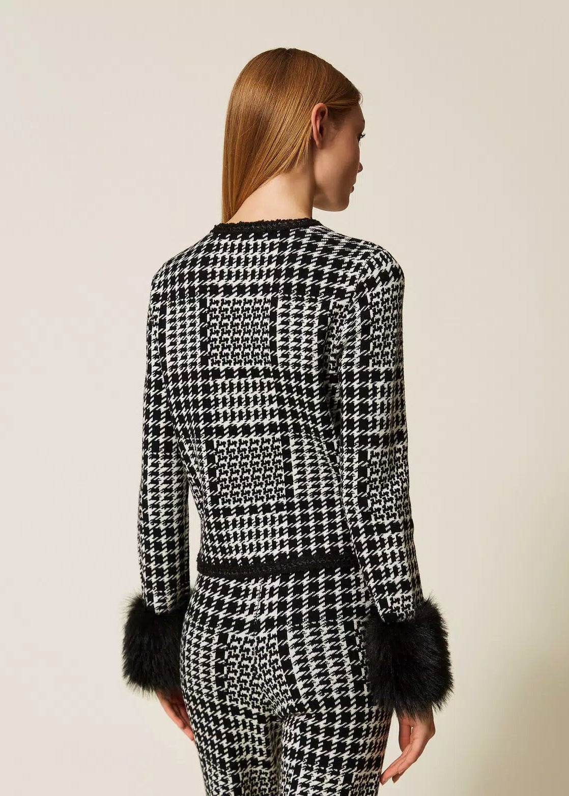 Twinset Chequered Knit Jacket with Faux Fur