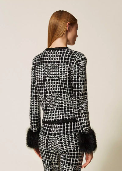 Twinset Chequered Knit Jacket with Faux Fur