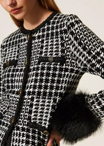 Twinset Chequered Knit Jacket with Faux Fur