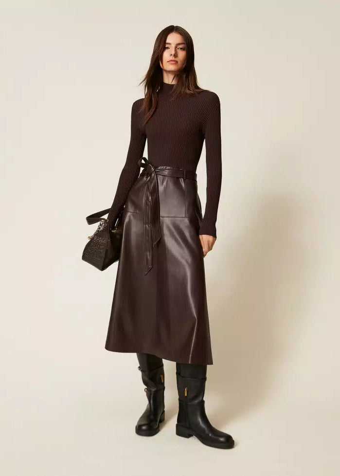 Twinset Faux Leather Rib Knit Dress Chocolate